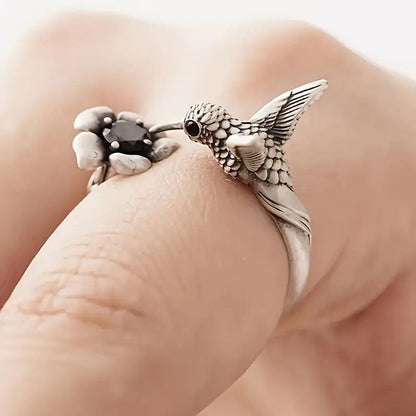 Adjustable Hummingbird Flower Ring