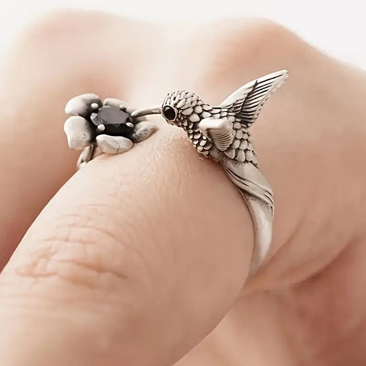 Adjustable Hummingbird Flower Ring