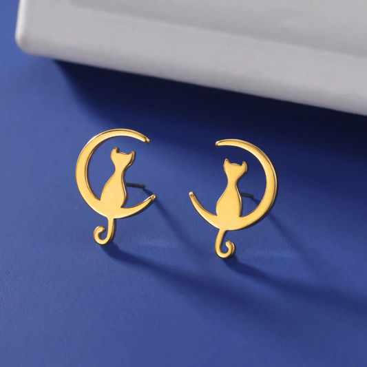 Vintage Golden Moon Cat Earrings