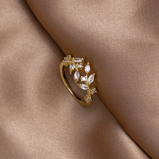 Golden Crystal Leaf Ring