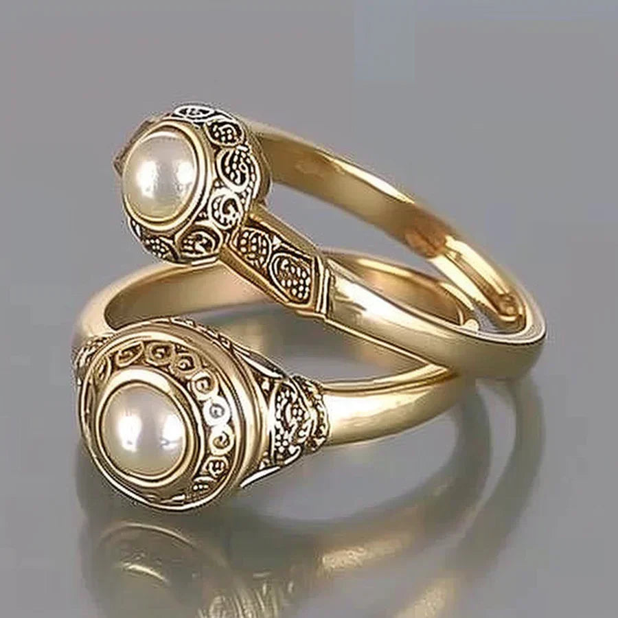 Vintage Inlaid Pearl Gold Ring Set-Lydieannejewelry