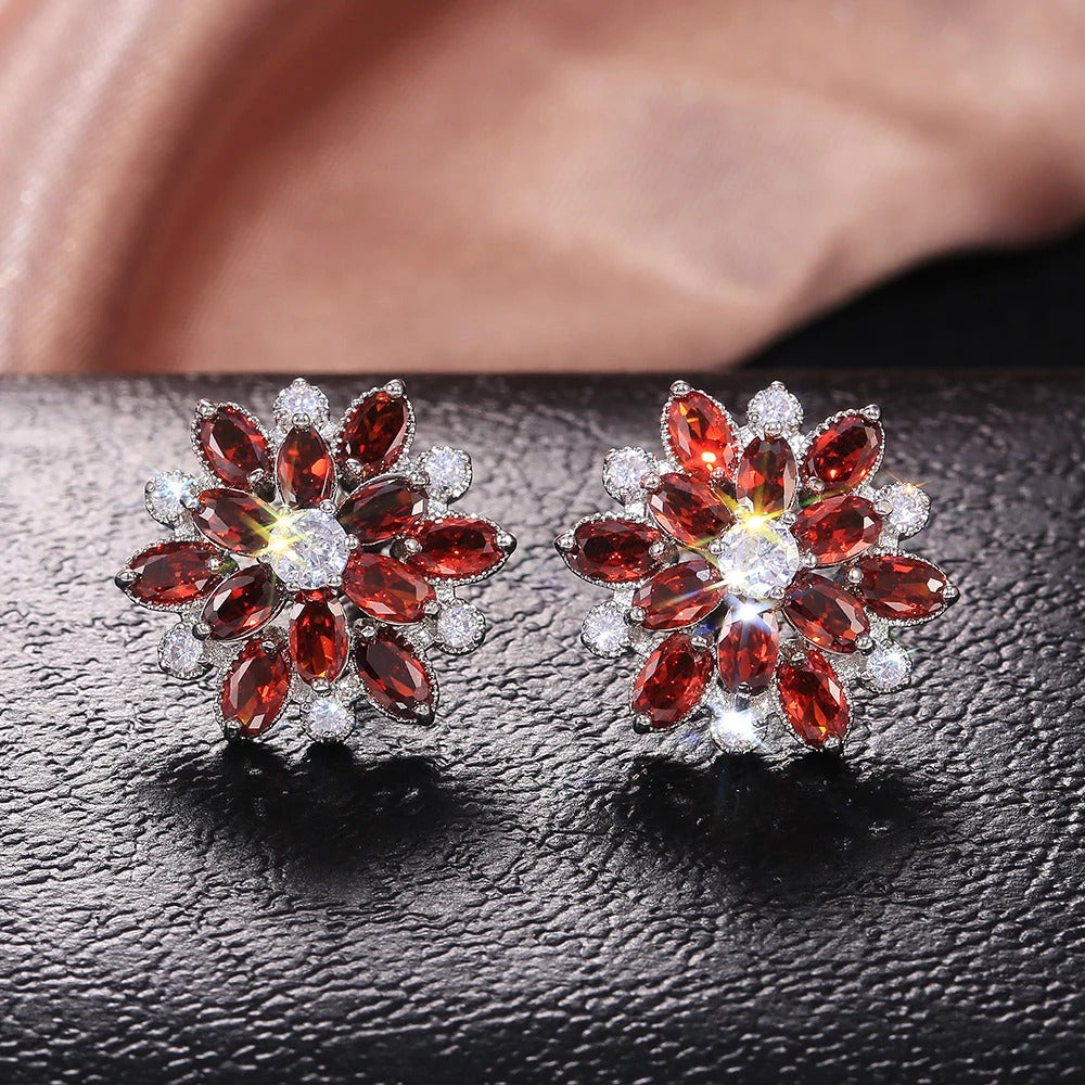 Red Petal Flower Crystal Earrings-Lydieannejewelry