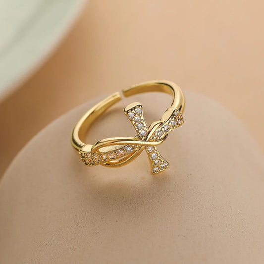 Gold Twisted Cross Resizable Ring-Lydieannejewelry
