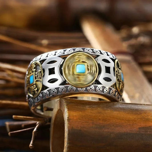 Classic Silver Inlaid Copper Coin Turquoise Adjustable Ring-Lydieannejewelry