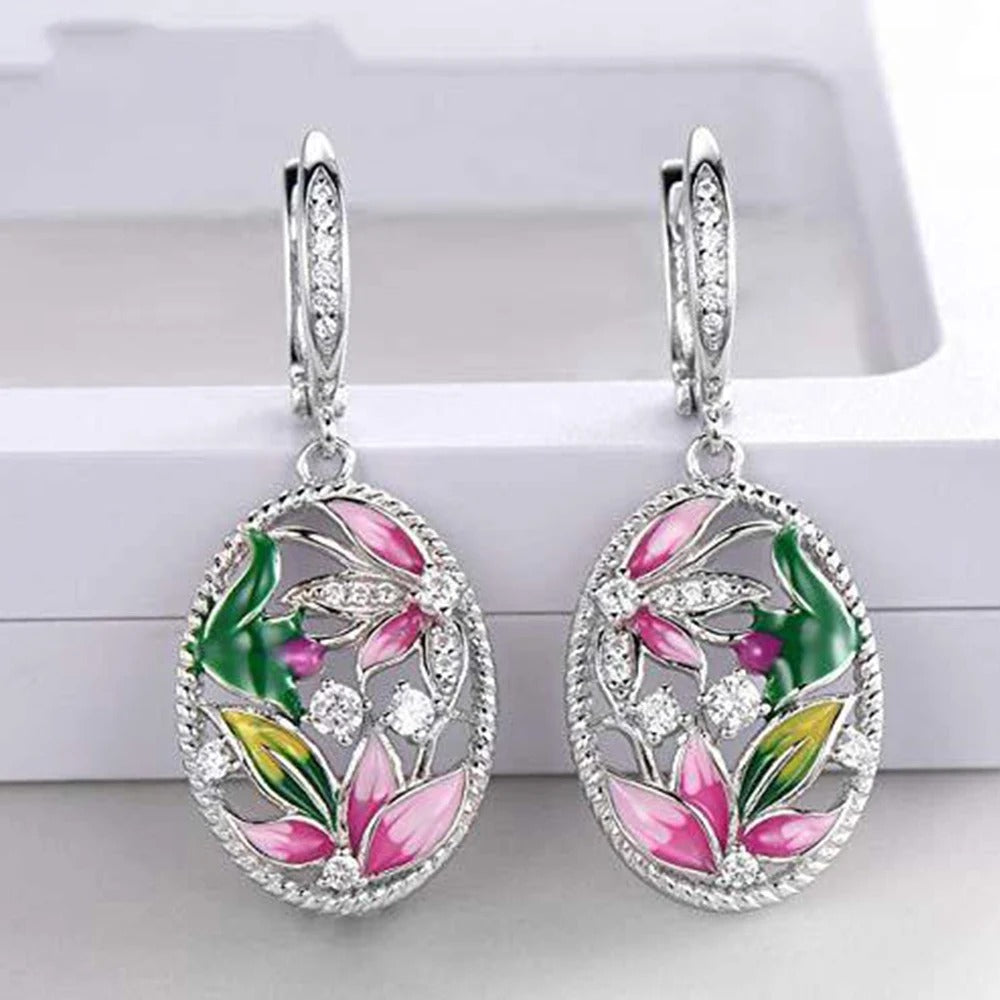Silver Flower Crystal Dangle Earrings-Lydieannejewelry