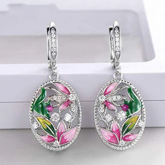 Silver Flower Crystal Dangle Earrings-Lydieannejewelry