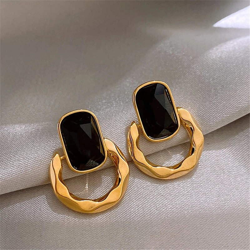 Gold & Black Oval Gemstone Hoop Earrings-Lydieannejewelry