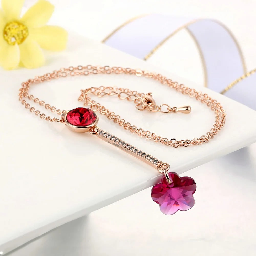 Vintage Rose Gold Red Crystal & Flower Pendant Necklace-Lydieannejewelry