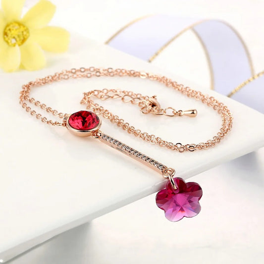 Vintage Rose Gold Red Crystal & Flower Pendant Necklace-Lydieannejewelry