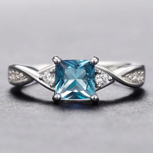 Vintage Blue Princess Cut Silver Ring-Lydieannejewelry