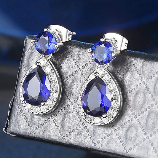 Vintage Blue Gemstone & Radiant White Stone Earrings-Lydieannejewelry