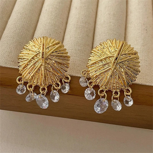 Classic Gold Textured Disc & Crystal Drop Earrings-Lydieannejewelry