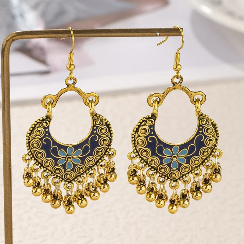 Vintage Blue & Gold Tassel Dangle Earrings-Lydieannejewelry