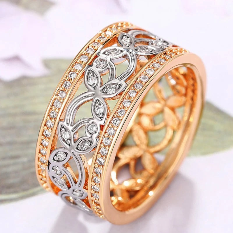 Vintage Rose Gold Floral Crystal Ring-Lydieannejewelry