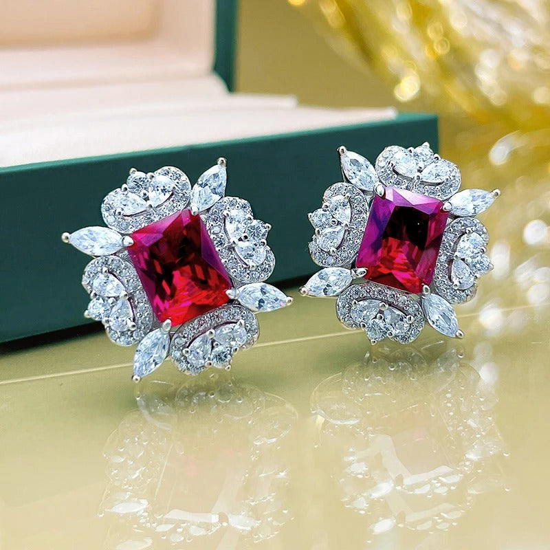 Silver Red Gem Floral Earrings-Lydieannejewelry