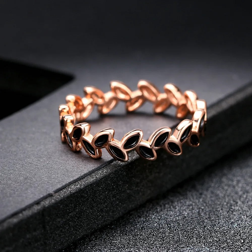 Rose Gold Leaf Motif & Black Accent Ring-Lydieannejewelry