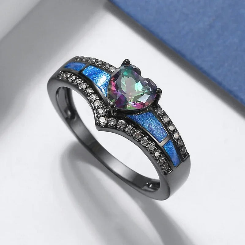 Black Heart-Shaped Gem & Blue Enamel Ring-Lydieannejewelry