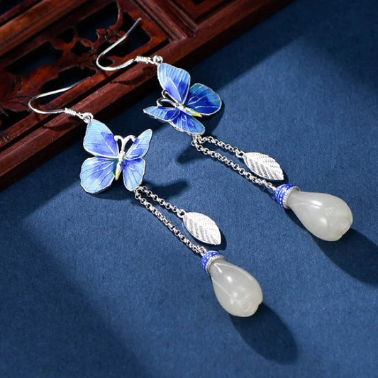 Vintage Silver & Tassel Blue Butterfly Earrings-Lydieannejewelry