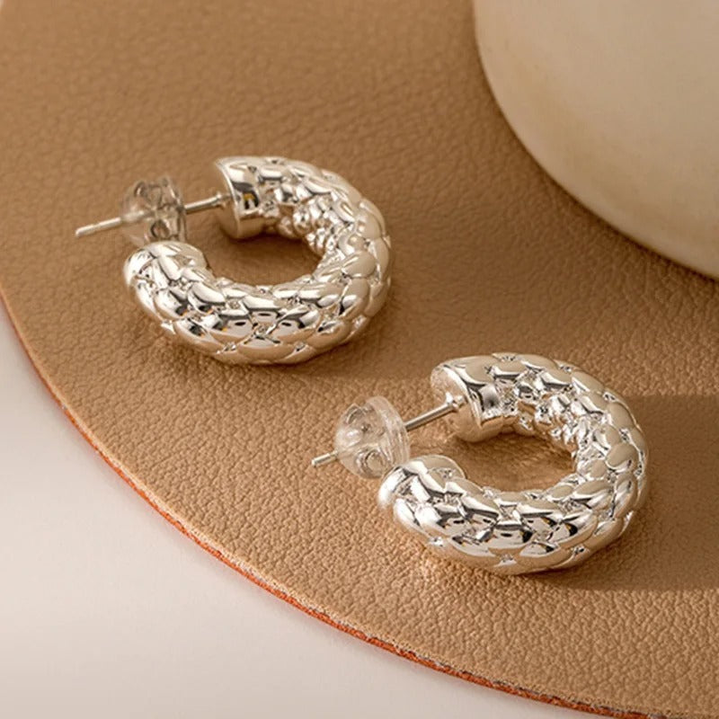 Silver Braided Round Hoop Earrings-Lydieannejewelry