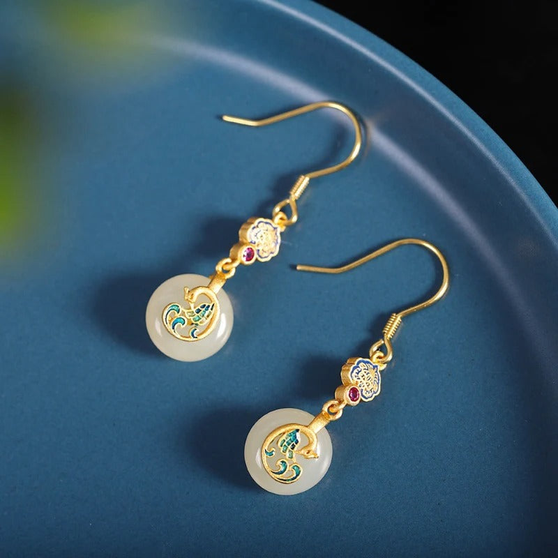 Vintage Gold & Floral Circle Phoenix Dance Drop Earrings-Lydieannejewelry