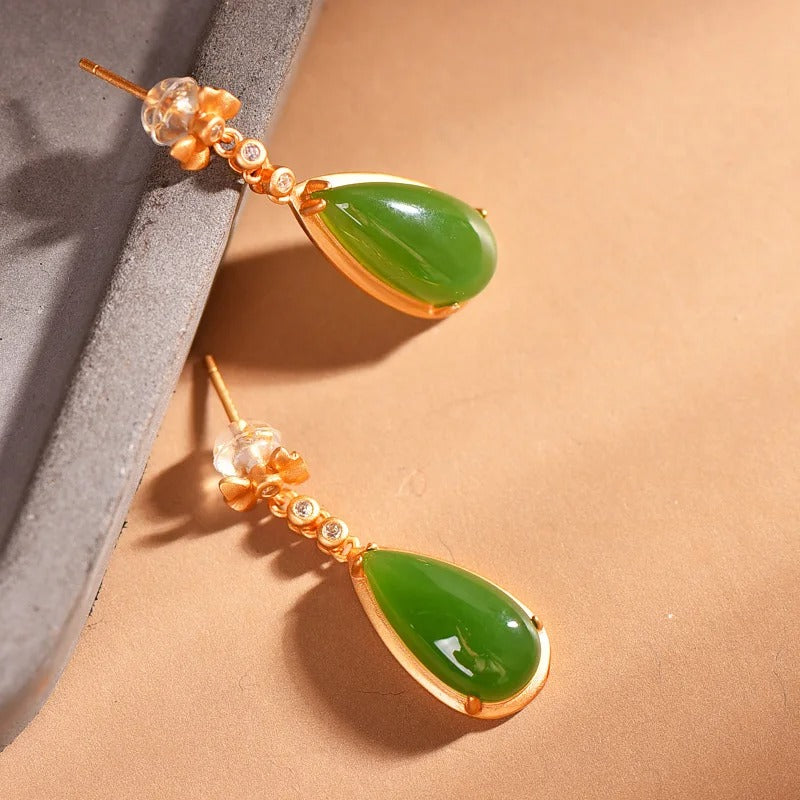 Classic Gold & Green Gemstone Inlaid Bow Crystal Dangle Earrings-Lydieannejewelry