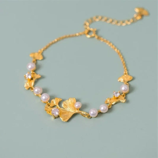 Classic Gold Ginkgo Leaf Pearl Bracelet-Lydieannejewelry