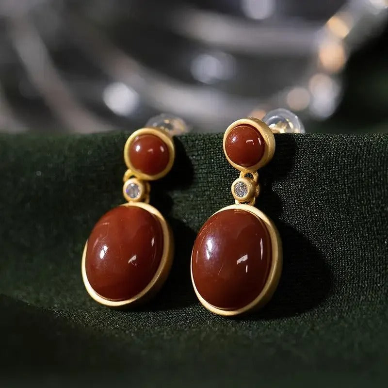 Classic Gold & Red Gemstone Dangle Earrings-Lydieannejewelry
