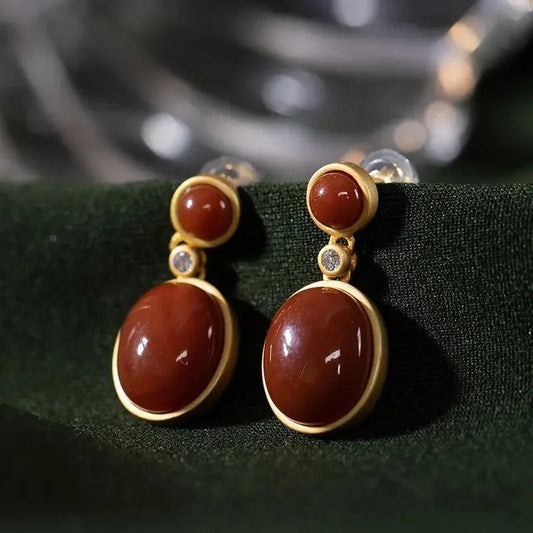 Classic Gold & Red Gemstone Dangle Earrings-Lydieannejewelry