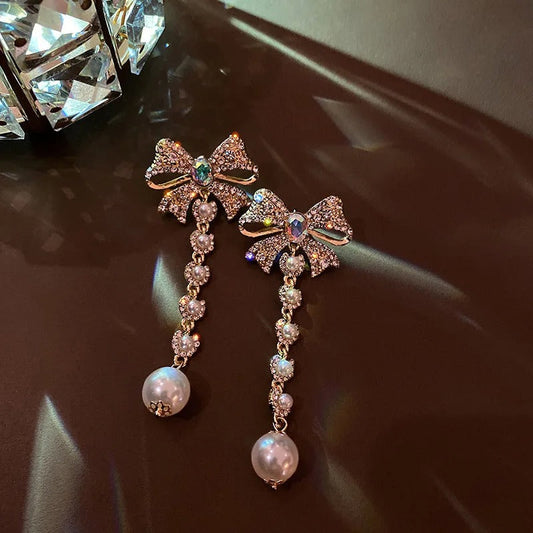 Vintage Gold Crystal Bow Pearl Drop Earrings-Lydieannejewelry