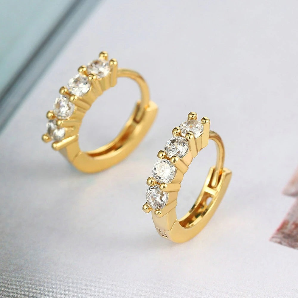 Timeless Gold Gleaming Round Stone Hoop Earrings-Lydieannejewelry