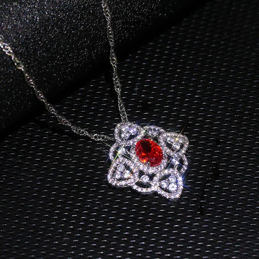 Retro Red Crystal & Intricate Silver Square Necklace-Lydieannejewelry