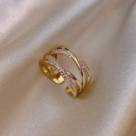 Vintage Gold Crisscross Crystal Adjustable Ring-Lydieannejewelry