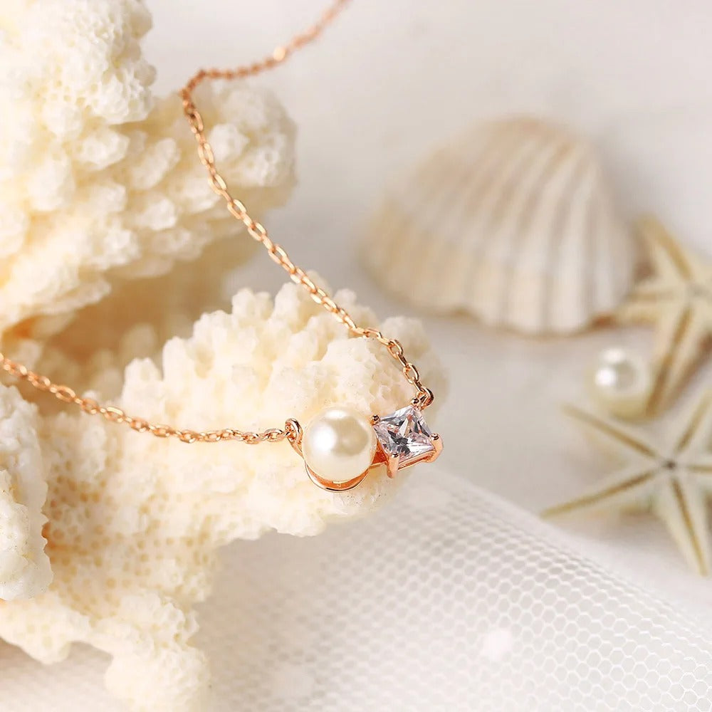 Classic Rose Gold Pearl & Sparkling Gem Necklace-Lydieannejewelry