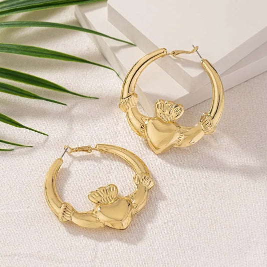 Gold Heart-Shaped Winged Hoop Earrings-Lydieannejewelry