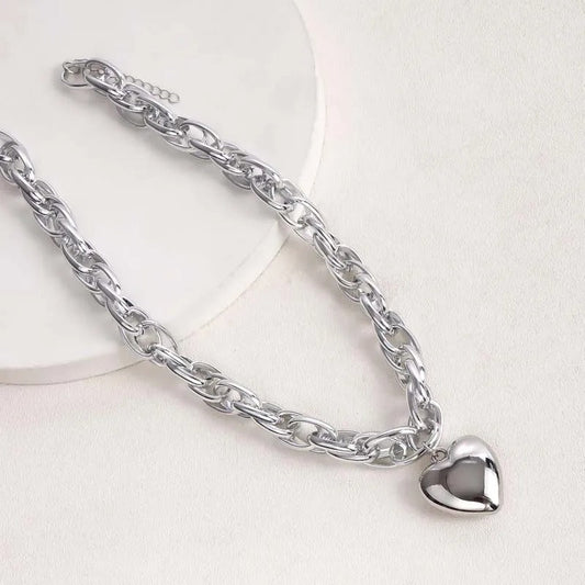 Silver Chunky Chain & Heart Shaped Pendant Necklace-Lydieannejewelry