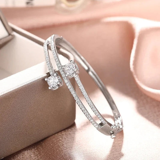 Silver Crystal Double Bar Bracelet-Lydieannejewelry