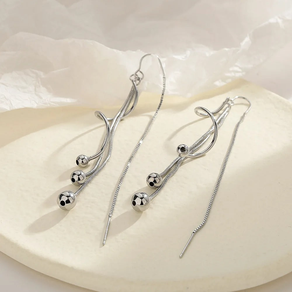 Vintage Silver Ball Long Drop Earrings-Lydieannejewelry