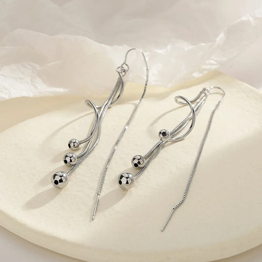 Vintage Silver Ball Long Drop Earrings-Lydieannejewelry