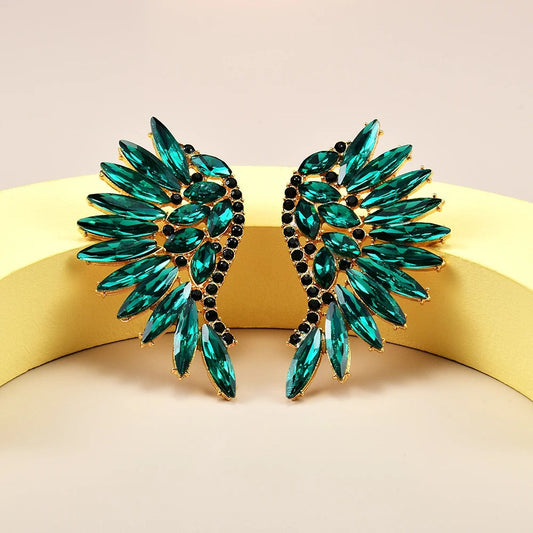 Vintage Gold & Teal Winged Crystal Earrings-Lydieannejewelry
