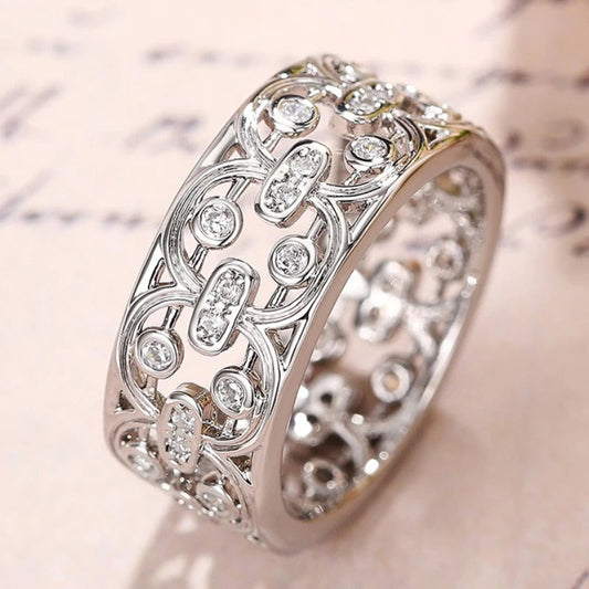 Silver Crystal Inlay Lace Pattern Ring-Lydieannejewelry