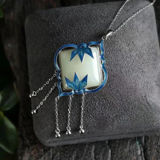Vintage Silver Blue Floral & White Gem Pendant Necklace-Lydieannejewelry
