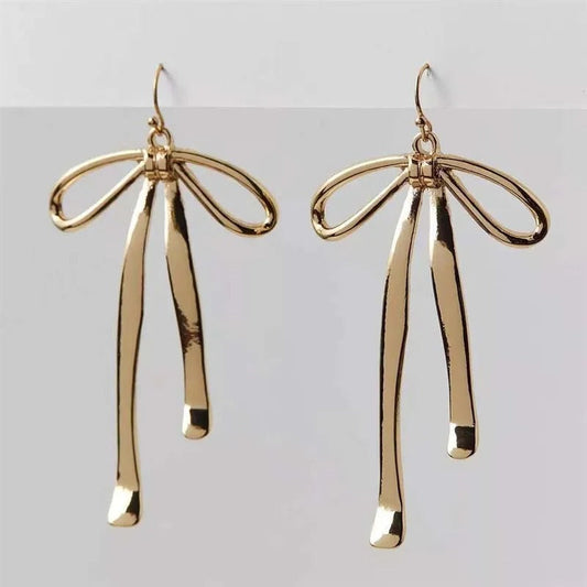 Vintage Gold Bow Long Dangle Earrings-Lydieannejewelry