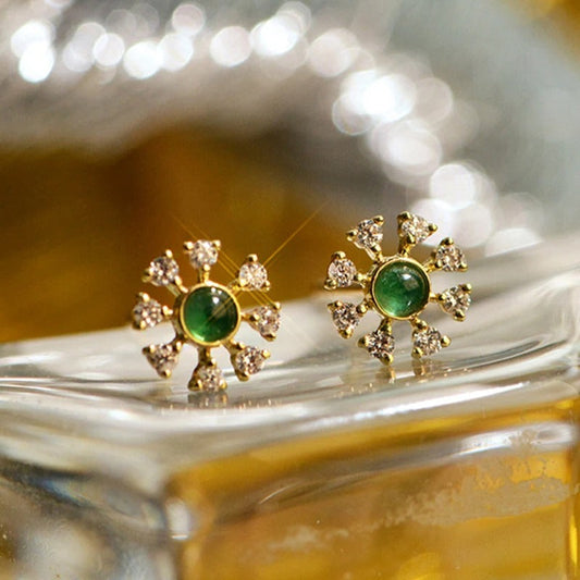Vintage Gold Green Stone & Crystal Earrings-Lydieannejewelry