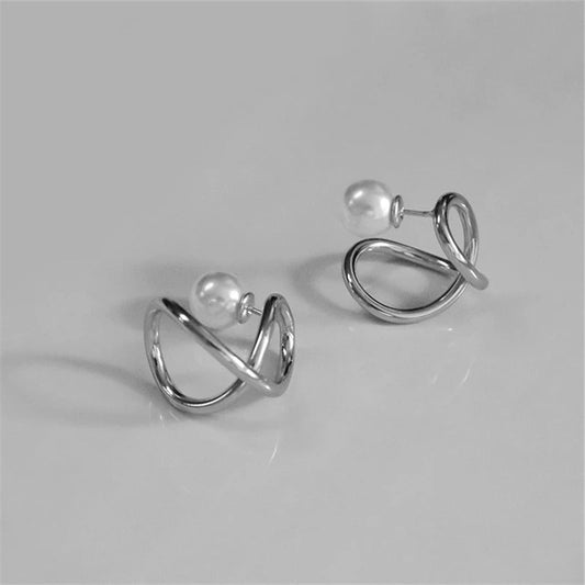 Classic Pearl Twisted Hoop Silver Band Earrings-Lydieannejewelry