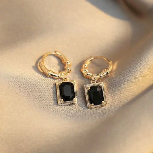 Gold Black Zirconia Pendant Earrings-Lydieannejewelry