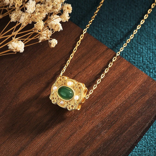 Vintage Gold Green Gem & Pearl Square Pendant Necklace-Lydieannejewelry