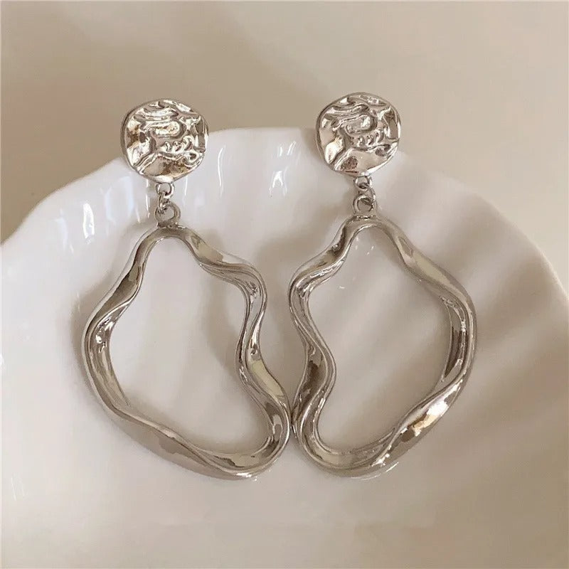 Silver Contemporary Wave Circle Drop Earrings-Lydieannejewelry