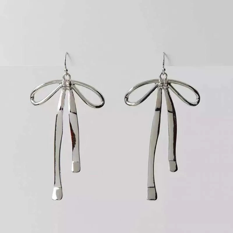 Silver Bow-Detail Long Dangle Drop Earrings-Lydieannejewelry