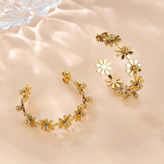 Gold Flower Boho Glam Hoop Earrings-Lydieannejewelry