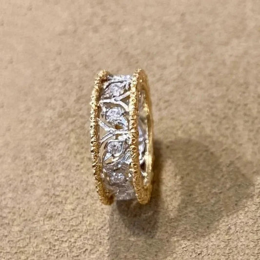 Classic Gold & Silver Carved Diamond Leaf Adjustable Ring-Lydieannejewelry